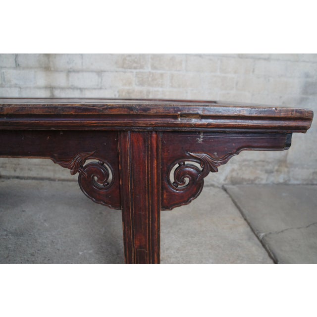 Late 19th Century Antique Chines Ming Style Carved Elm Split Reed Altar Bench For Sale - Image 4 of 13