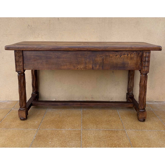 Spanish Walnut Console Table with Carved Drawers, 1920 For Sale - Image 11 of 12