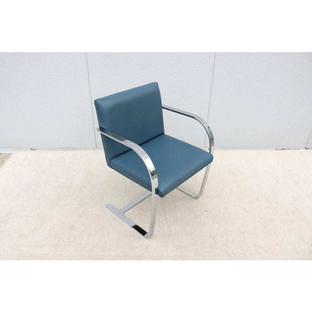 Metal Ludwig Mies Van Der Rohe Brno Flat Bar Chair in Indigo Blue Vinyl by Gordon For Sale - Image 7 of 18