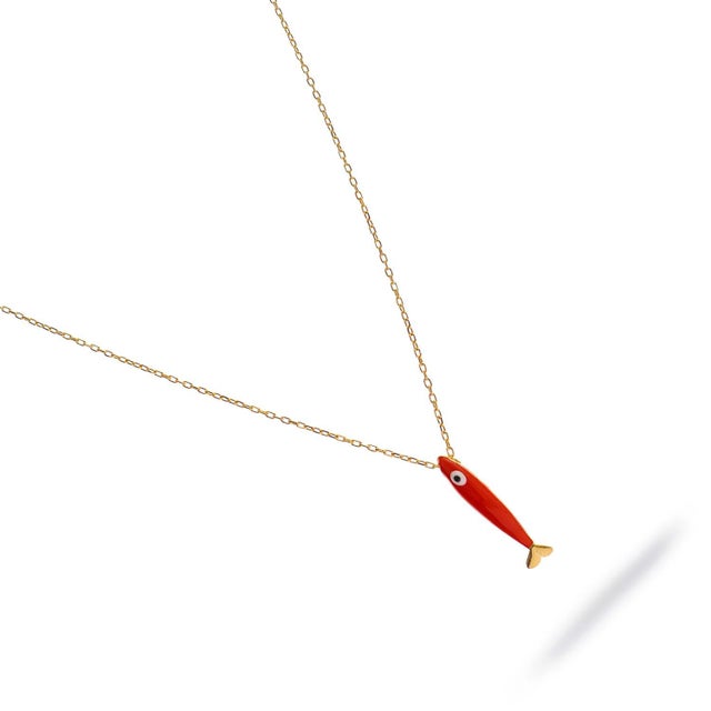 Contemporary Spirit Fish Orange Enamel Gold Necklace For Sale - Image 3 of 8