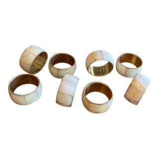 Vintage Coastal Mother‑of‑Pearl & Brass Napkin Rings — Set of 8 For Sale