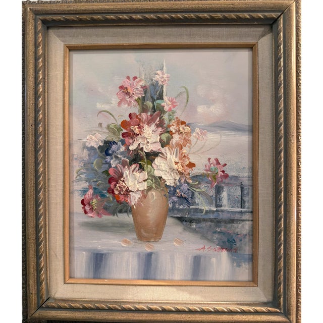 Baby Blue Vintage Impasto Floral Oil Painting on Canvas, Signed "A. Sweeting" For Sale - Image 8 of 16