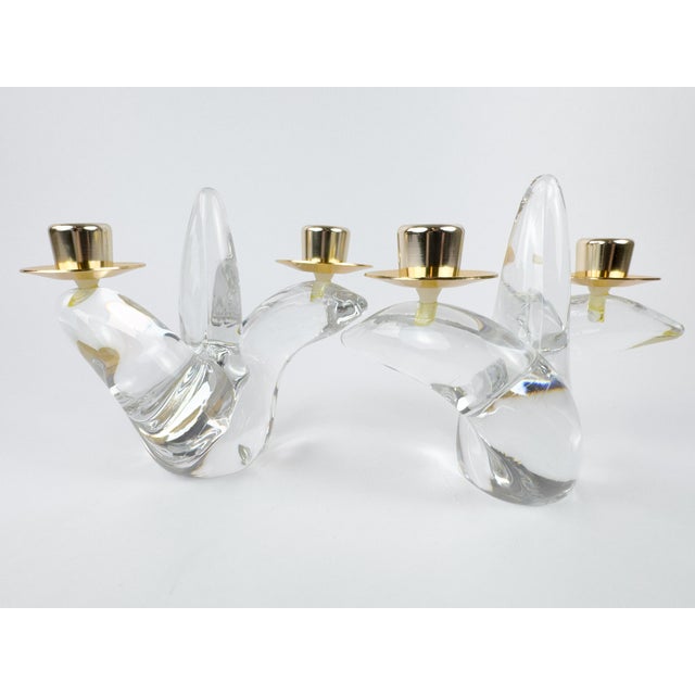 Mid-Century Modern Pair of Mid-Century Schneider Crystal & Brass Candlestick Holders, France For Sale - Image 3 of 15