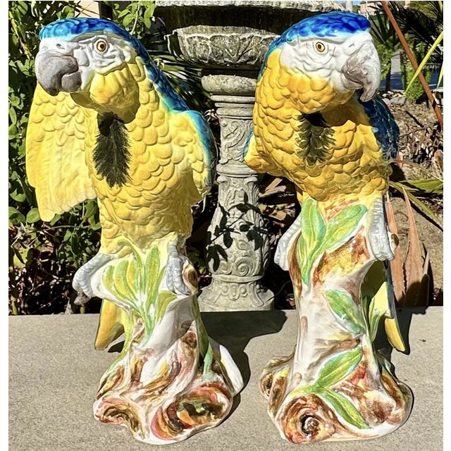 Pair of Large 1980s Italian Hand Painted Porcelain Macaw Parrot Bird Sculptures For Sale - Image 11 of 12