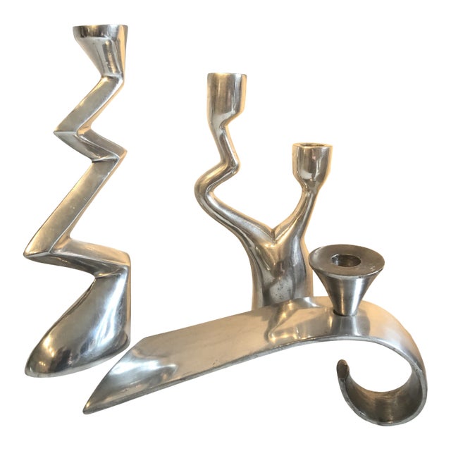 Matthew Hilton Aluminum Zig Zag and Wave Candlesticks - Set of 3 For Sale