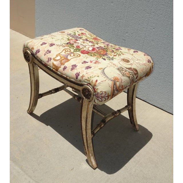 French Country Vintage French Country Floral Vanity Bench W Silver Gilt Base #1 For Sale - Image 3 of 12
