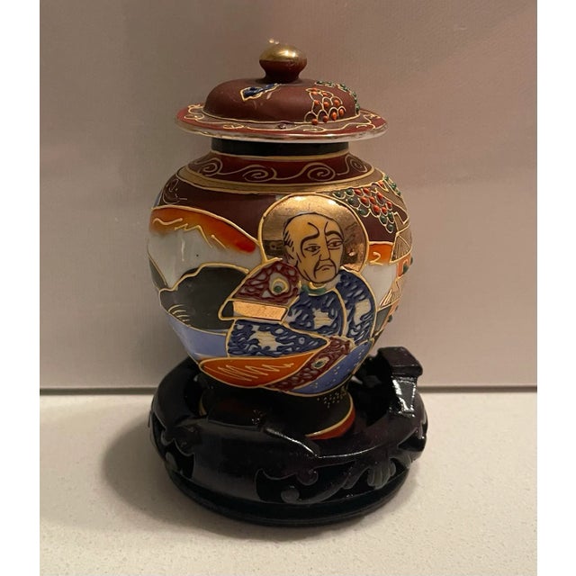 Miniature Hand-Painted Moriage Satsuma Jar, Made in Japan, Stamped For Sale - Image 11 of 12