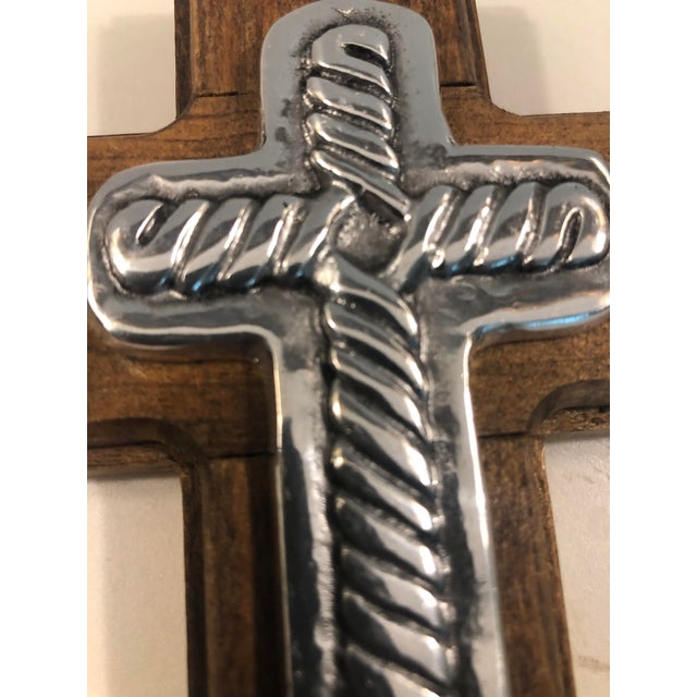 1990s 1990s Mexican Pewter on Wood Cross Wall Plaque For Sale - Image 5 of 7