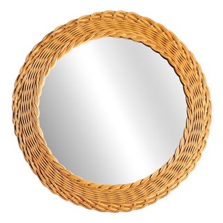 Vintage Wall Mirror with a Woven Willow Frame, 1970s For Sale
