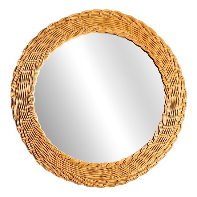 Vintage Wall Mirror with a Woven Willow Frame, 1970s For Sale