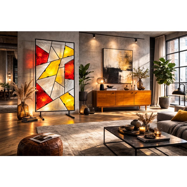 Mid-Century Modern Geometric Room Divider with Textured Colored Glass, 1970s For Sale - Image 14 of 16