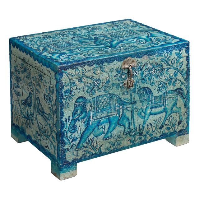 Oriental Blue Painted Pitara Box, 1940s For Sale