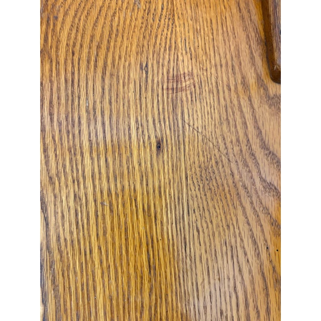 Vintage Carved Solid Oak Pressed-Back Dining Chairs – Captain & Side Chair Pair For Sale In Denver - Image 6 of 9