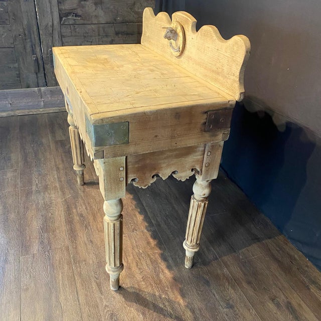 Antique French Butcher’s Block Table With Bull’s Head Mount and Rare Paris Label For Sale - Image 4 of 18