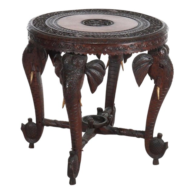 Antique Anglo Indian Figural Carved Rosewood Side Table With Elephants & Figure For Sale