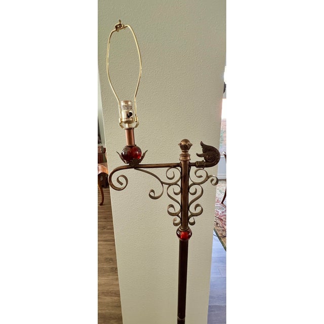 Traditional Vintage Floor Lamp With Shade Copper Coloring Burgundy Glass Accents For Sale - Image 3 of 9