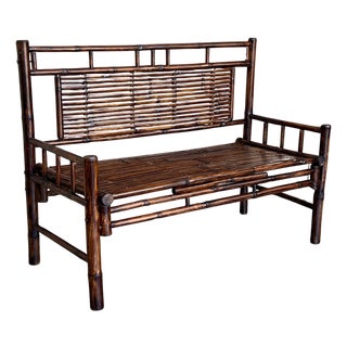 Mid 20th Century High backrest Bamboo Bench with leather ligatures in Style of Edizioni Molto For Sale