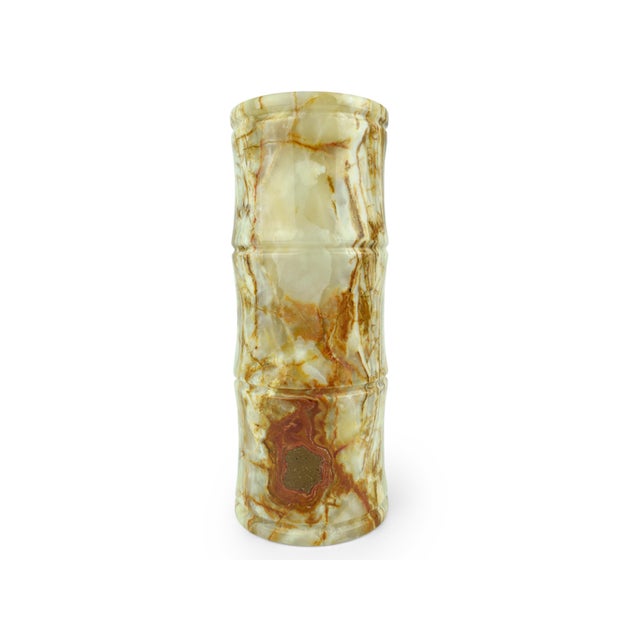 Contemporary Late 20th Century Modern Cylinder Bamboo Design Carved Solid Onyx Stone Vase For Sale - Image 3 of 11