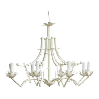 Large Chinoiserie Faux Bamboo Eight Arm White Chandelier For Sale