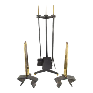 Vintage Donald Deskey for Bennett Mid Century Iron and Brass Andirons Fireplace Tool Set- 6 Pieces