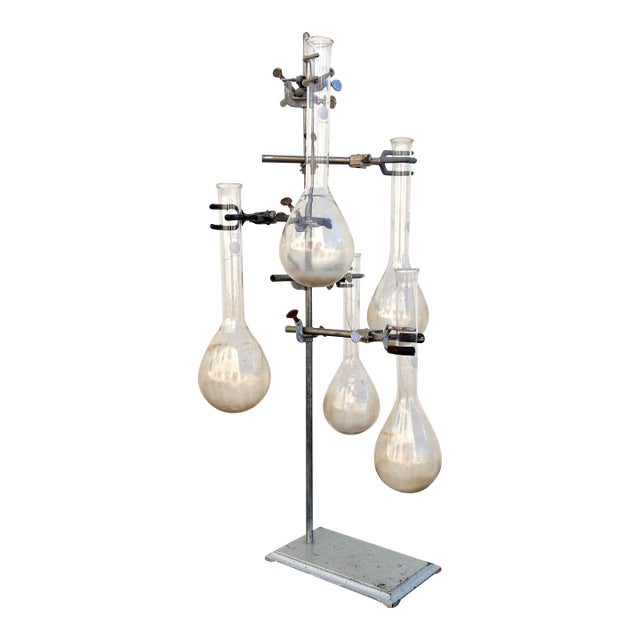 Large Vintage Industrial Weathered Laboratory Ring Stand Vase W/Five Long Neck Glass Flasks For Sale