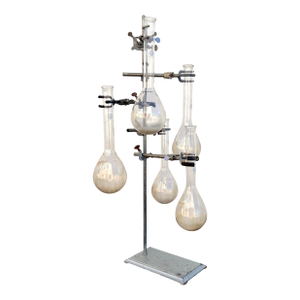 Large Vintage Industrial Weathered Laboratory Ring Stand Vase W/Five Long Neck Glass Flasks