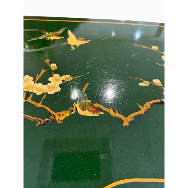 Vintage Chinese Green Lacquered Serpentine Credenza / Sideboard With Soapstone Inlay For Sale - Image 12 of 12