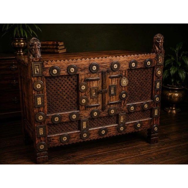 Antique Indian Hand-Carved Wooden Cabinet with Mirror Inlay and Hidden Compartment For Sale - Image 4 of 9