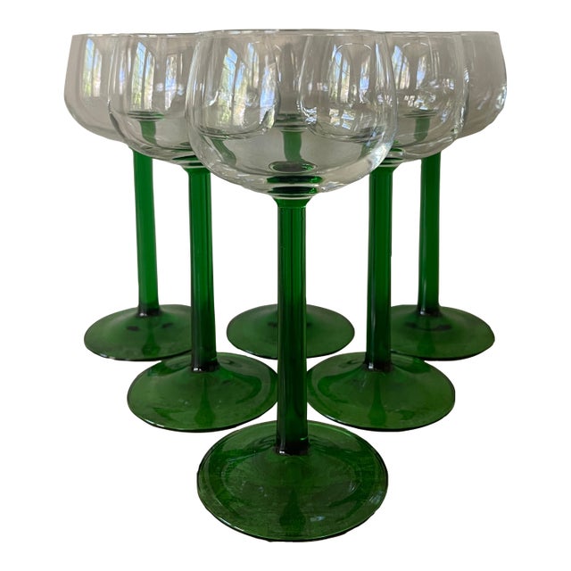 Mid 20th Century French Luminarc 6 Green Stem Wine Glass For Sale