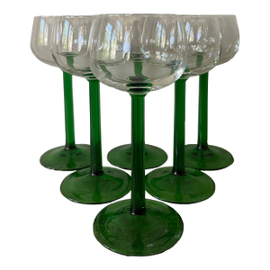 Mid 20th Century French Luminarc 6 Green Stem Wine Glass