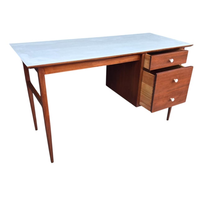 1960s Mid-Century Modern Walnut Desk With White Laminate Top – Restored Vintage Writing Table For Sale - Image 5 of 12