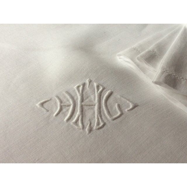 Art Deco Elegant c.1900 French White Linen Tablecloth and Napkin Set For Sale - Image 3 of 10