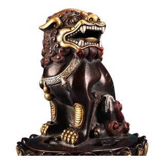 Vintage Chinese Guardian Lion Censer With Silver and Gold Patina For Sale