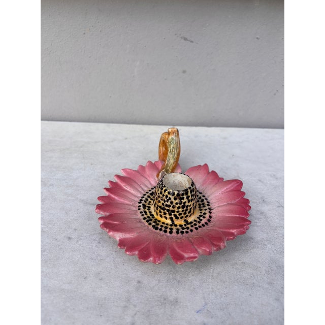 Late 19th Century Majolica Pink Daisy Candelstick Delphin Massier Circa 1890 For Sale - Image 5 of 7
