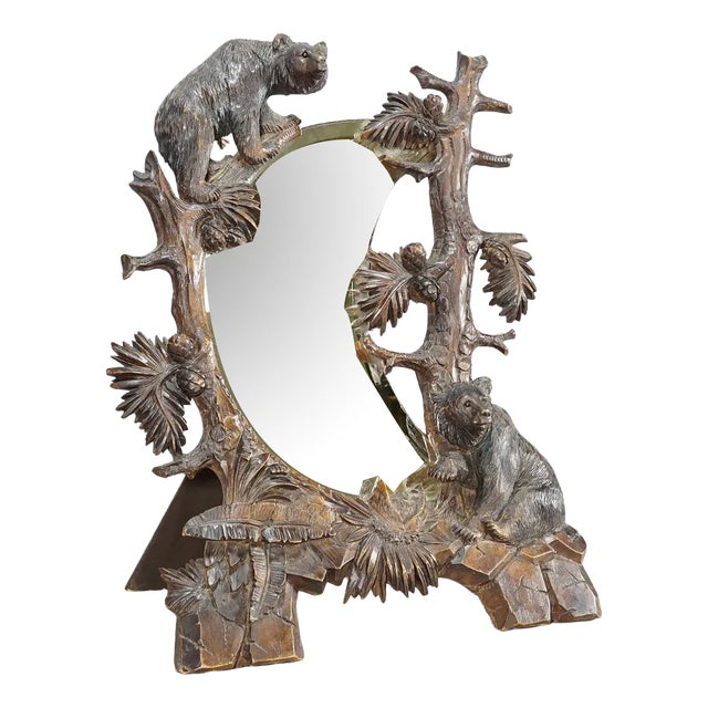 Antique Black Forest Mirror with Bear Carvings, 1900s For Sale