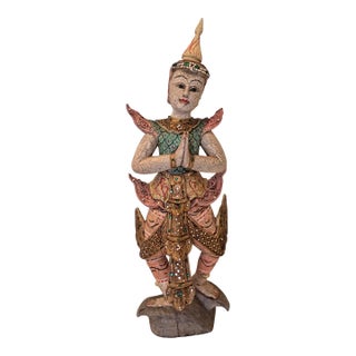 Extremely Rare Antique Thai Temple Guardian: Perfect Palette, Sacred Symbolism, 24.5" Hand-Caved Statue For Sale