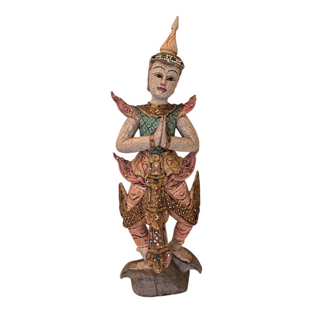 Extremely Rare Antique Thai Temple Guardian: Perfect Palette, Sacred Symbolism, 24.5" Hand-Caved Statue For Sale