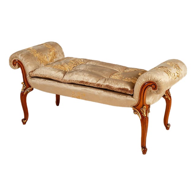 Italian Hand-Carved Upholstered Bench With Gold Leaf Accents For Sale