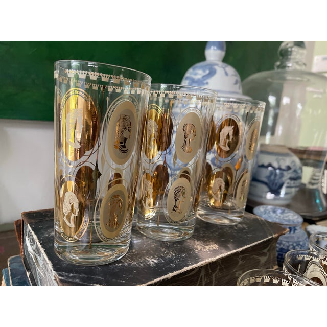 Mid-Century Modern Gold Royal Ladies Portrait Tall Boy or Tumbler Glasses - Set of 7 For Sale In Chicago - Image 6 of 12