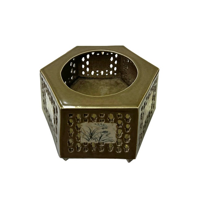 Chinese Distressed Tan White Porcelain Open Motif Hexagon Holder For Sale - Image 4 of 6