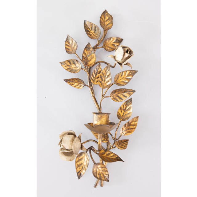 Gold Vintage Italian Gilt Tole & White Roses Candle Sconce For Sale - Image 8 of 8