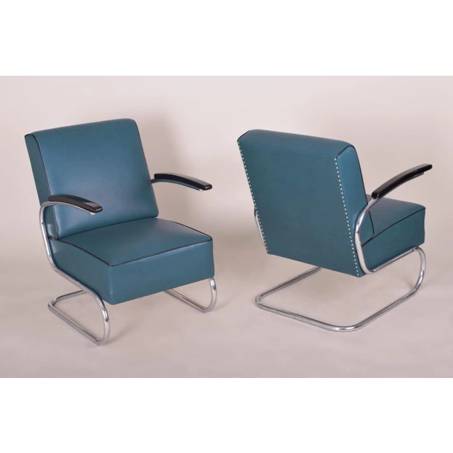 Art Deco Tubular Steel Cantilever Armchairs in Chrome and Blue Leather, Set of 4 For Sale - Image 10 of 11
