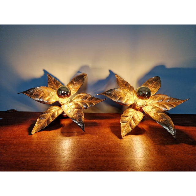 Floral Brass Wall Sconces by Willy Daro for Massive, 1970, Set of 2 For Sale - Image 10 of 14