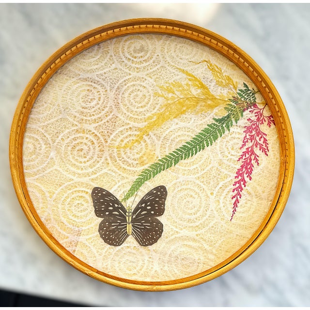 Boho Chic Vintage Butterfly Rattan Trimmed Serving Tray / Platter For Sale - Image 3 of 8