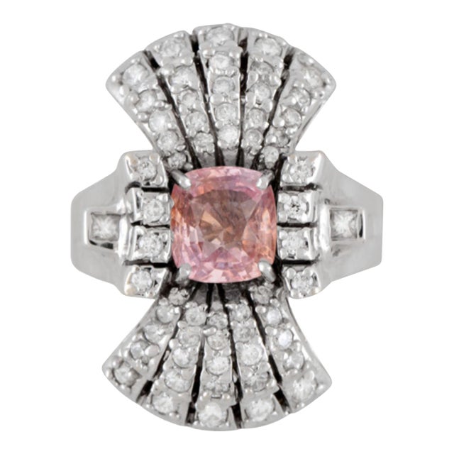 Late 20th Century Gia Certified Pink Sapphire and Diamond Vintage 18k Gold Vertical Ring Size 8.5 For Sale