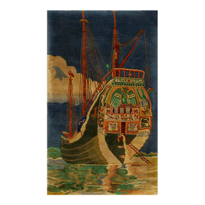 Fascinating and Artistic Anchored Boat Imagery Under Blue Sky and on Rippling Seafoam Water Antique Nautical Chinese Deco Rug