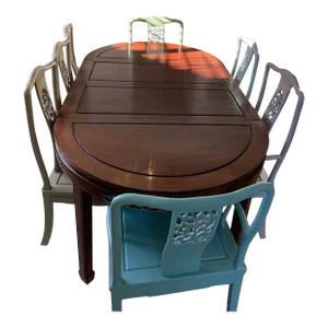 Vintage Midcentury Asian Chinoiserie Dining Table and Chairs Set With Chair Pads Set of Fifteen