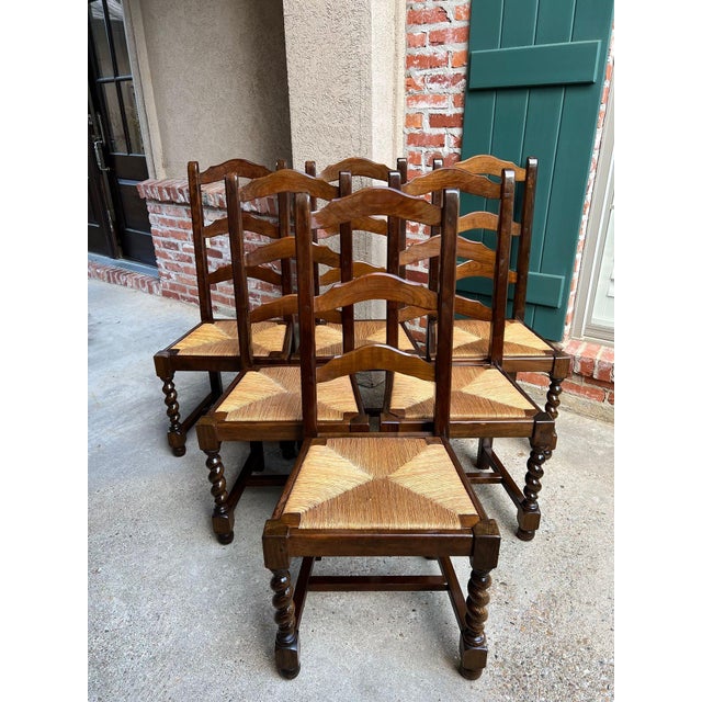 Vintage French Dining Chairs Set 6 Oak Barley Twist Rush Seat Ladder Back For Sale - Image 13 of 18