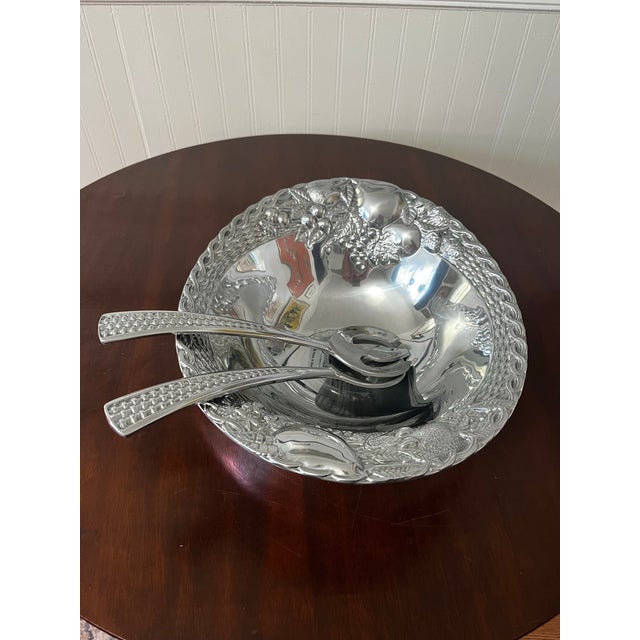 Vintage Gorham silver alloy metal salad bowl & serving pieces . This is a pretty basket weave with fruit design stamped...