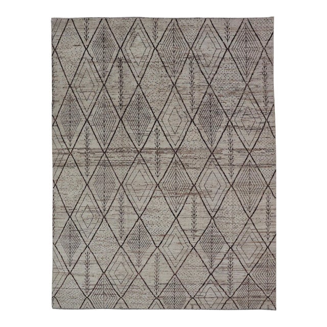 Large Modern Moroccan Hand-Knotted Rug W/ Tribal Diamond Design in Natural Tones 10'2 X 13'10 For Sale